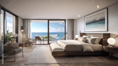 Modern bedroom interior  windows overlooking the infinity Sea. Generative AI Technology 