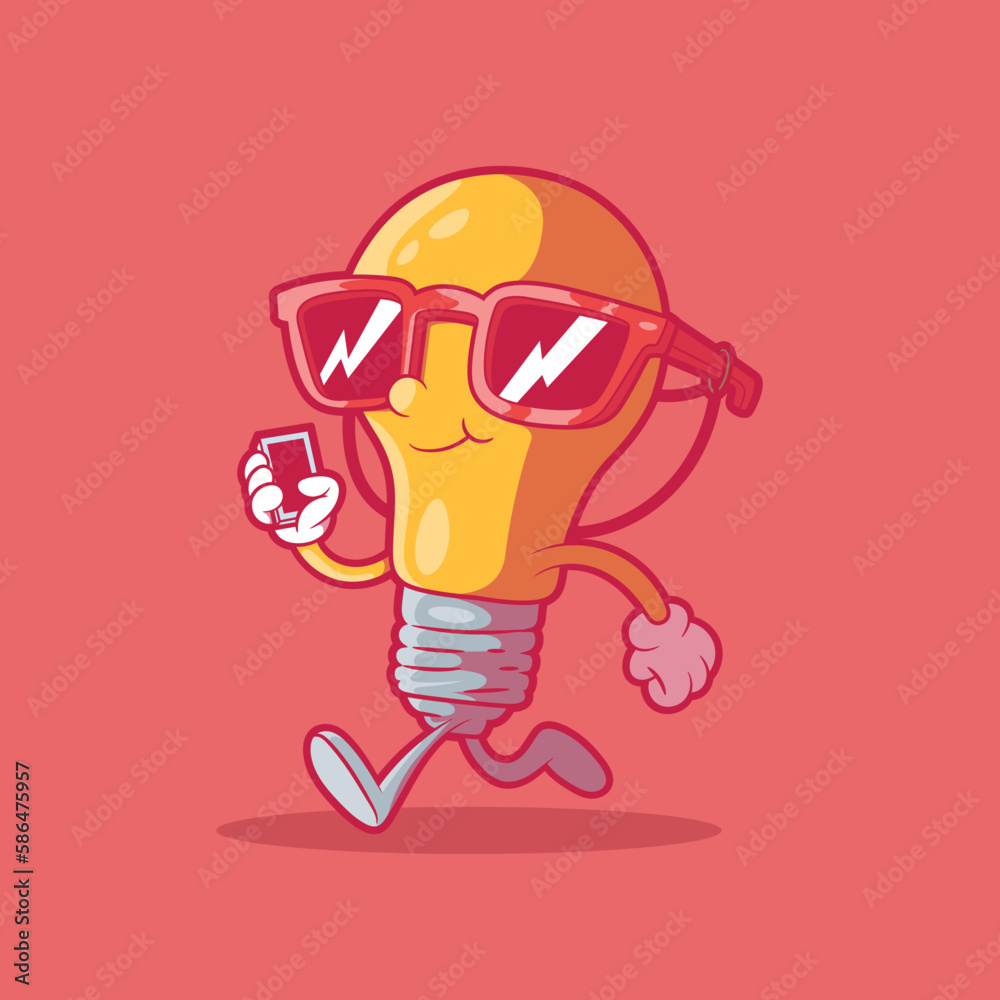 Cool Light bulb character walking vector illustration. Tech, innovation, inspiration design concept.