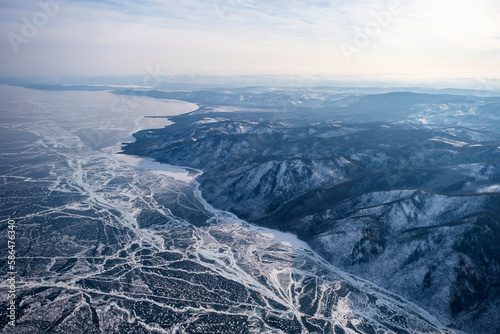 Russia, Lake Baikal in February. View from the airplane window