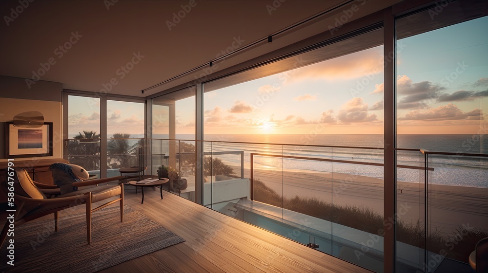 Fototapeta premium Inside a beach condo looking out into the ocean sunsetting reflective lighting. Interior. Generative AI Technology 