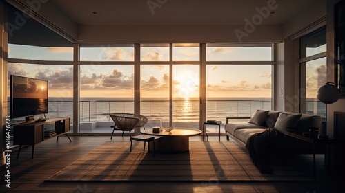 Inside a beach condo looking out into the ocean sunsetting reflective lighting. Interior. Generative AI Technology 