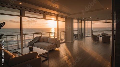 Inside a beach condo looking out into the ocean sunsetting reflective lighting. Interior. Generative AI Technology 