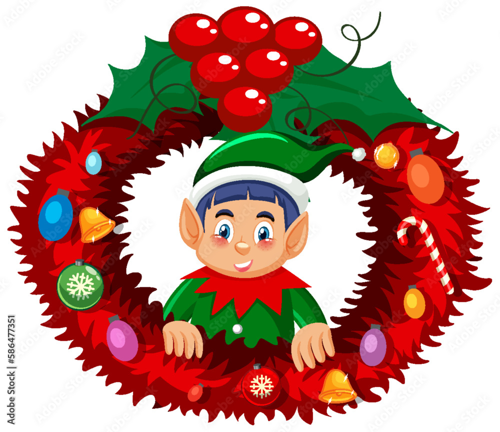 Elf Christmas wreath in cartoon style