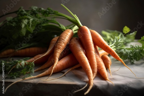 Fresh carrots on the kitchen table, created with generative AI