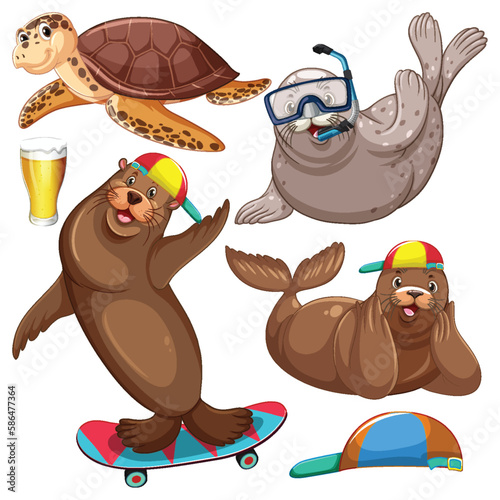 Set of sea creatures cartoon character in summer