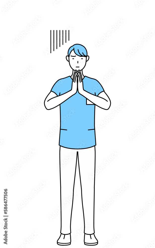 体の前で手を合わせて謝る男性看護師、理学療法士、作業療法士、言語聴覚士、看護助手