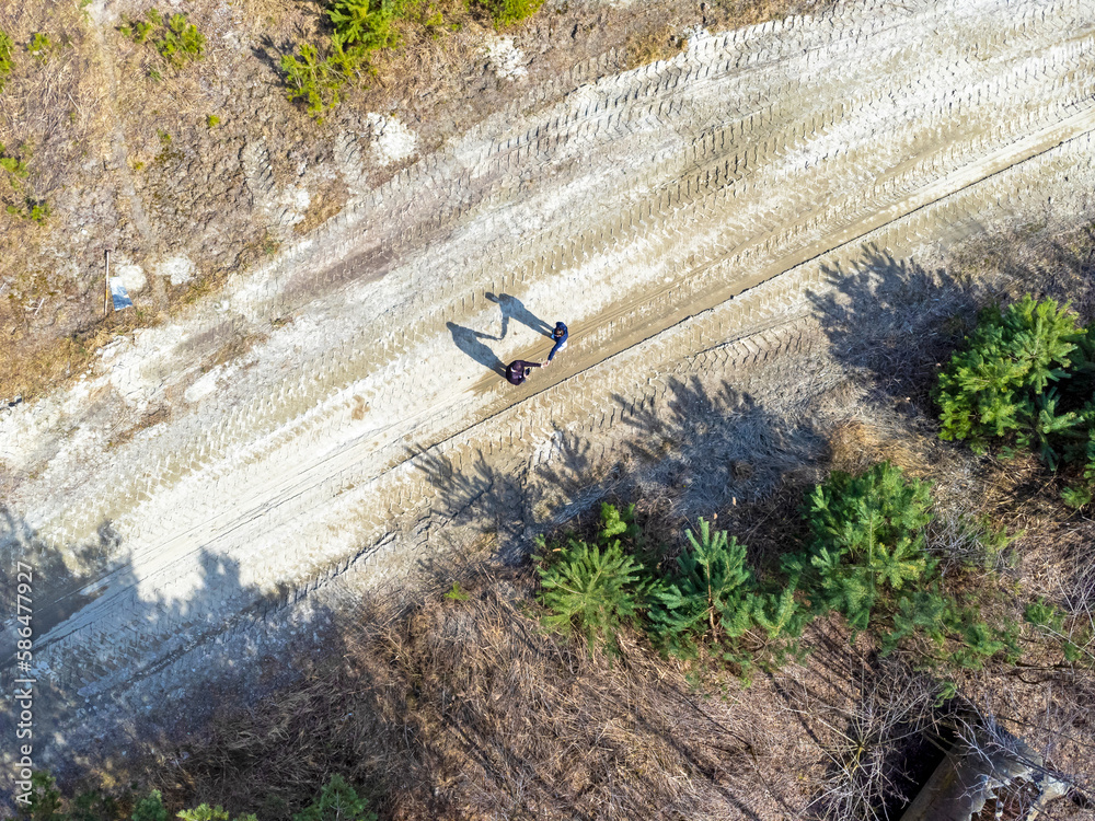 Landscape Aerial view. Sand road, people and their shadows. Trees, forest, path.