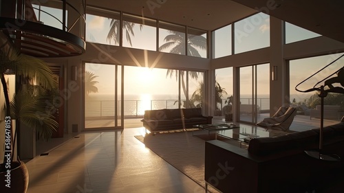 Interior of modern vacation home with ocean views Palm tress and the sun. Generative AI Technology  © Dniel