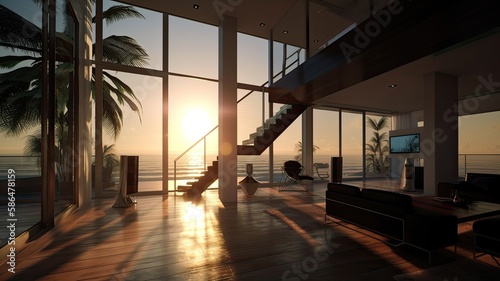 Interior of modern vacation home with ocean views Palm tress and the sun. Generative AI Technology  © Dniel