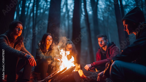 Group of people, friends sitting around a campfire in the outdoor woods. Generative AI.