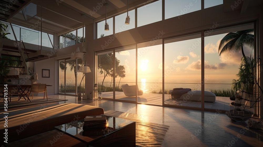 Interior of modern vacation home with ocean views Palm tress and the sun. Generative AI Technology Interior of modern vacation home with ocean views Palm tress and the sun. Generative AI Technology