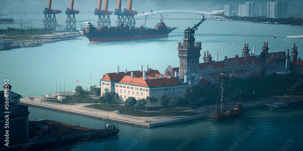City port view with boats and ships - Generative AI