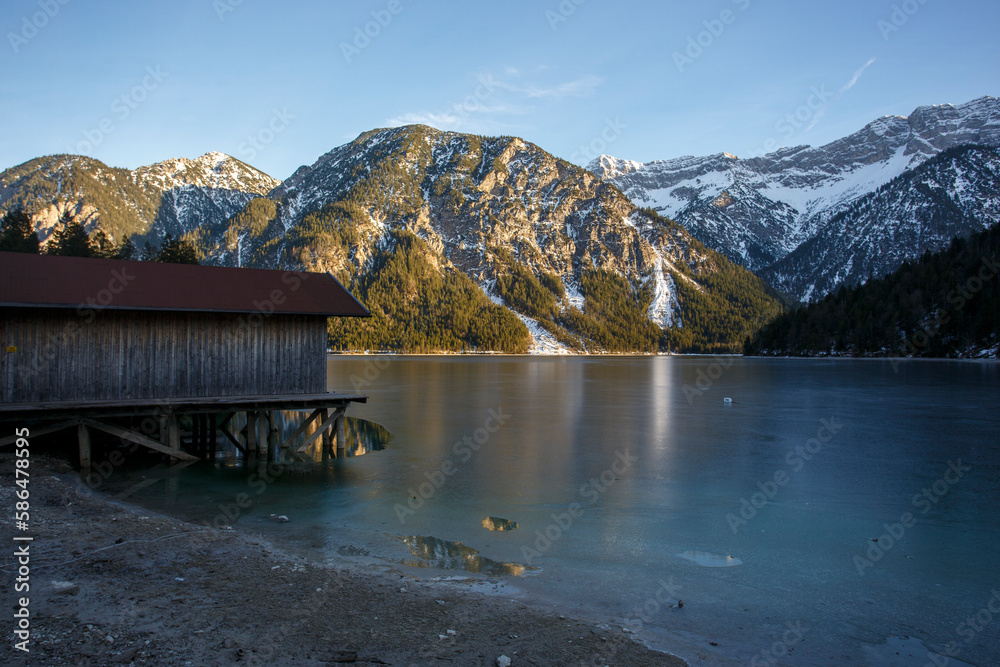 Lake Plansee by winter, Tyrol, Austria. Drone photo