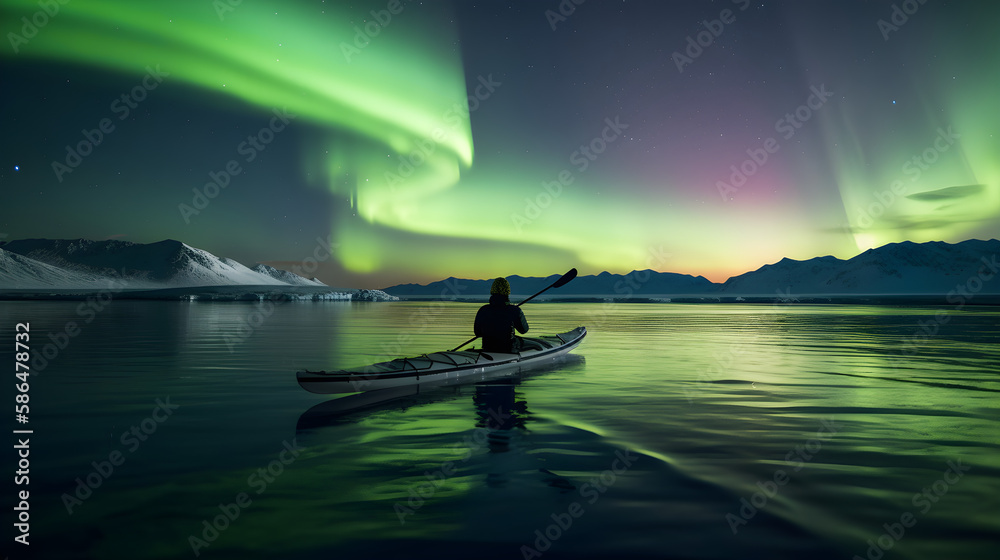 A hunter observes the colours of the Aurora from a kayak in the arctic ocean