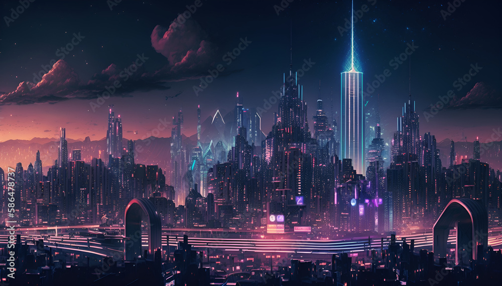 Fototapeta premium Futuristic purple cityscape AI generated 