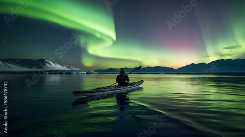 A hunter observes the colours of the Aurora from a kayak in the arctic ocean