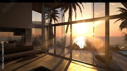 Interior of modern vacation home with ocean views Palm tress and the sun. Generative AI Technology 