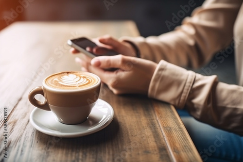Mockup image of left hand holding white mobile phone with blank white screen and right hand holding hot latte art coffee cup while looking and using it on vintage wooden table in cafe