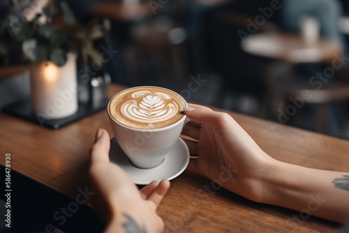 Mockup image of left hand holding white mobile phone with blank white screen and right hand holding hot latte art coffee cup while looking and using it on vintage wooden table in cafe