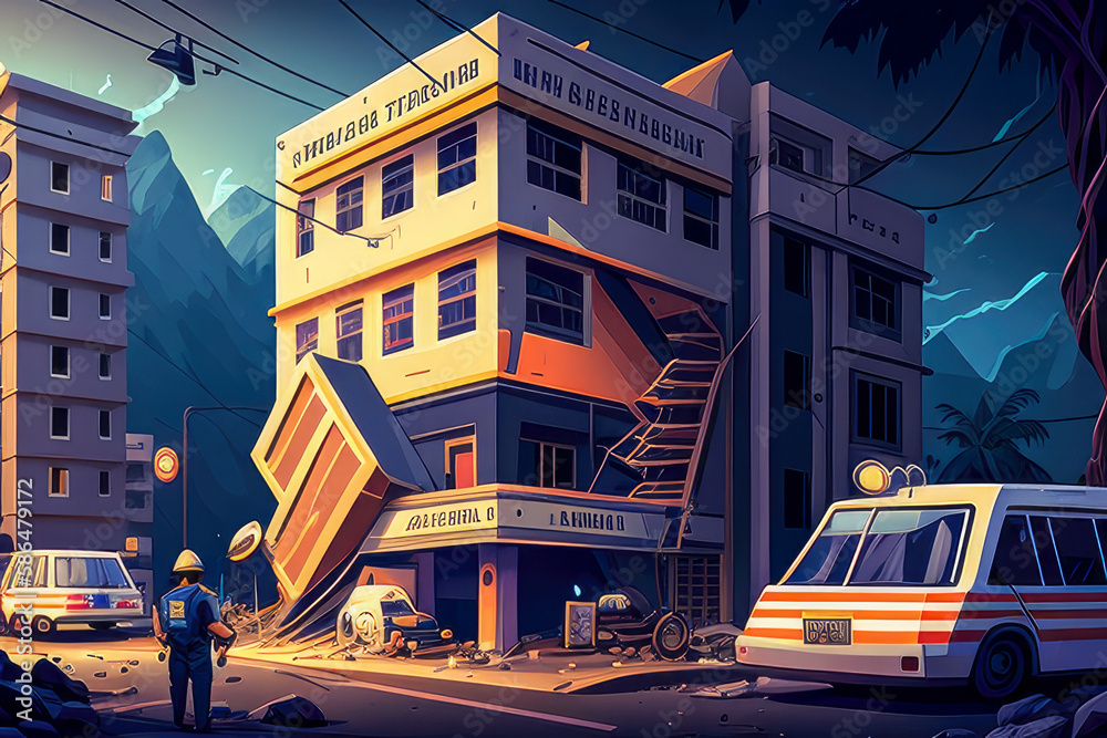 Naklejka premium A earthquake has destroyed homes in a city, debris on the ground - Generative AI