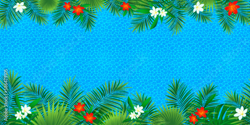 Tropical seamless border frame with swimming pool repeated pattern. Watery surface template banner. Ocean repeated texture for summer, travel, vacation backdrop. tropic plants vector illustration