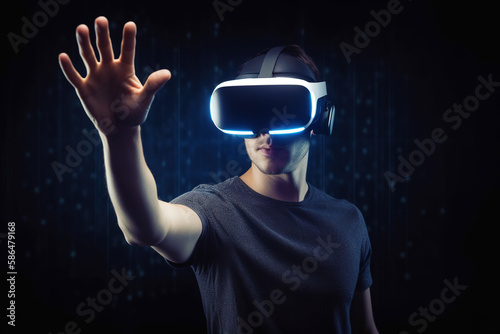 a man wearing a virtual reality headset touching the virtual object on blue tech background. Created with Generative AI Technology