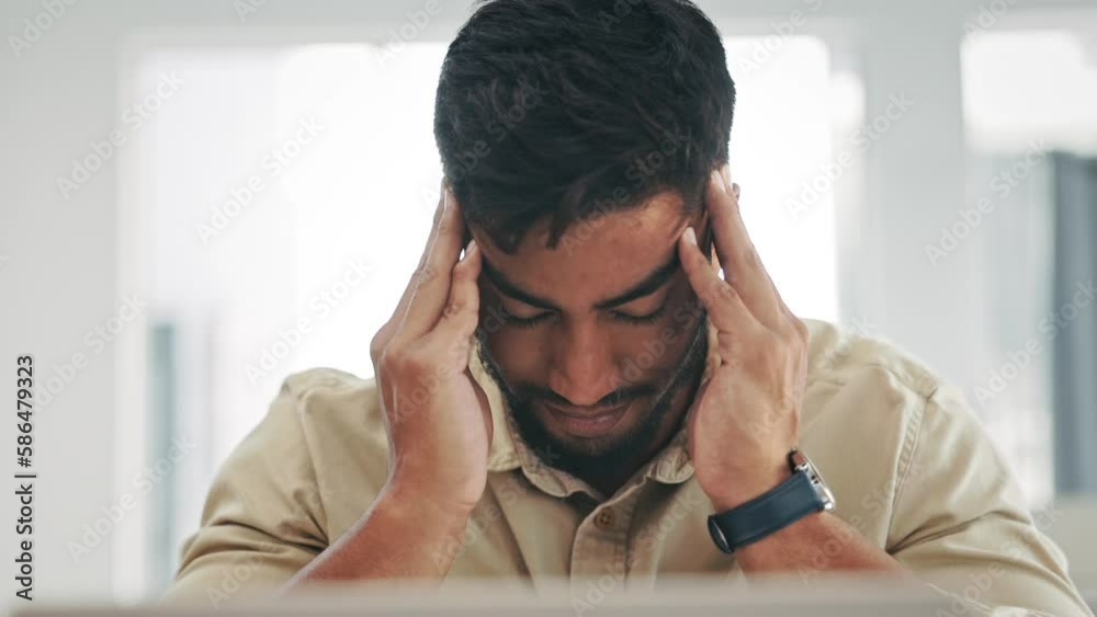 Stress, headache and burnout with a freelance man suffering from pain while remote working from his home office. Mental health, migraine and exhausted with a male employee or entrepreneur at work Stress, headache and burnout with a freelance man suffering from pain while remote working from his home office. Mental health, migraine and exhausted with a male employee or entrepreneur at work