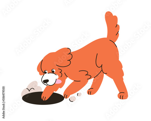 Cute dog digging hole with paws. Funny little puppy, canine animal. Happy excited pup, doggy exploring, finding, looking for smth. Search concept. Flat vector illustration isolated on white background