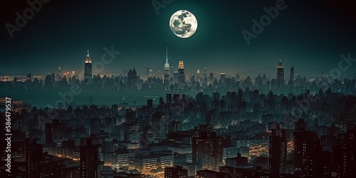 Cityscape at night with a full moon  Generative AI.