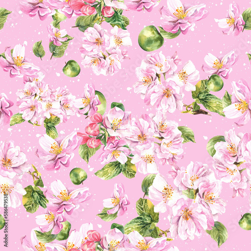 Seamless pattern of a blossoming apple tree on a pink background. Bright and juicy watercolor illustration