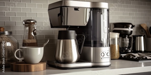 Coffee maker and coffee cup on a countertop, Generative AI. photo