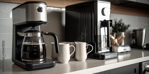 Coffee maker and coffee cup on a countertop, Generative AI.