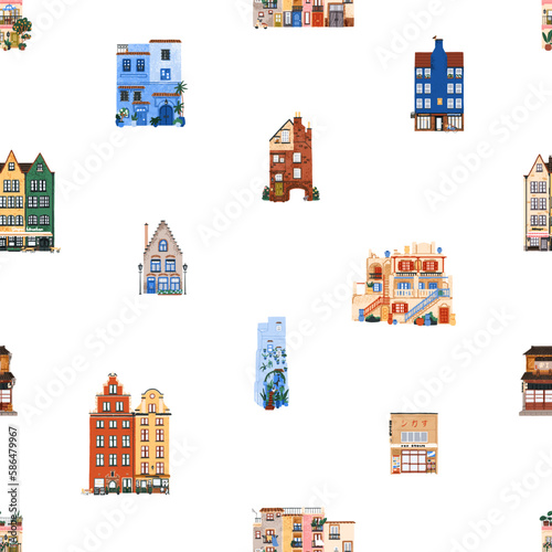Old architecture, seamless pattern. Buildings, houses, endless background, re...