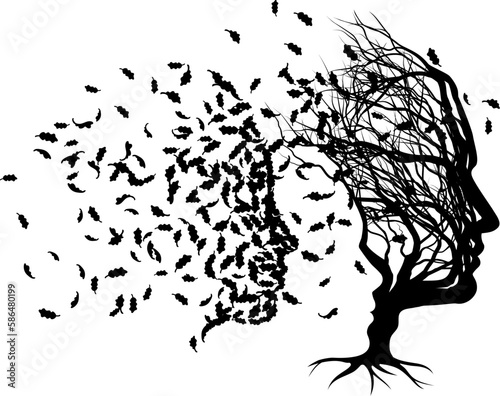 Optical illusion family tree. Father man, mother woman and child faces. Tree forms mans or fathers face, child formed by the negative space and mothers or womans by leaves. Many meanings as a concept.