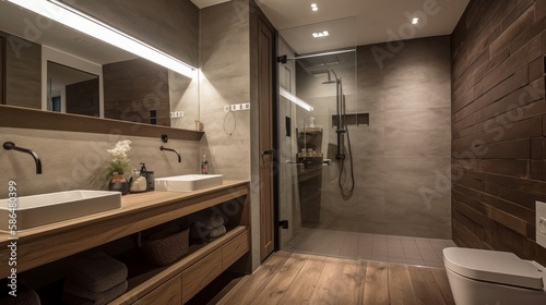 home interior design concept contemporary natural theme concept design bathroom bathtub with wooden material with garden view background, image ai generate