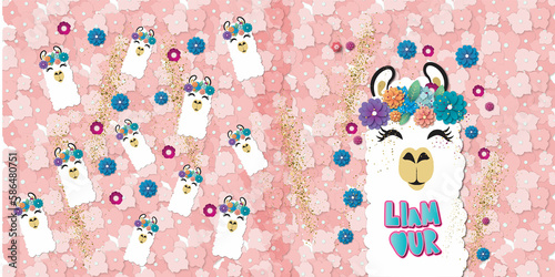 Cute banner, animal, glitter, hearts, funny design, illustration, comic, Llama life, no drama for llama