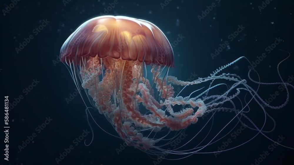 Jellyfish blue lightening, poisonous jellyfish in dark deep water. Generative ai Jellyfish blue lightening, poisonous jellyfish in dark deep water. Generative ai