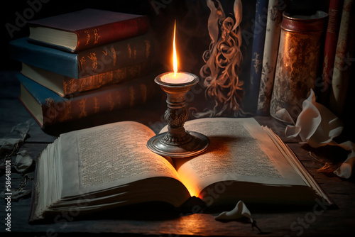 Burning candle on a book in a dark room, ancient magical knowledge. Generative AI. © VICHIZH