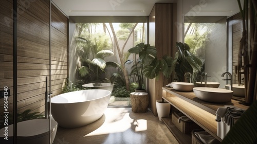 home interior design concept contemporary natural theme concept design bathroom bathtub with wooden material with garden view background  image ai generate