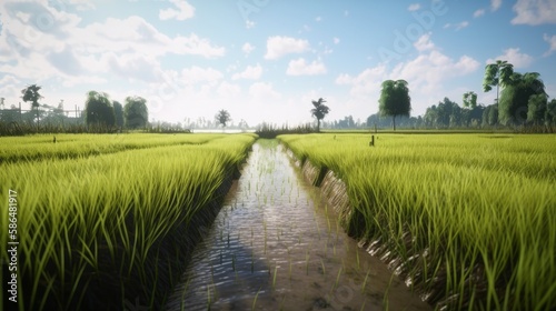 Paddy Field showing growing rice after first rains of the rainy season. Generative ai