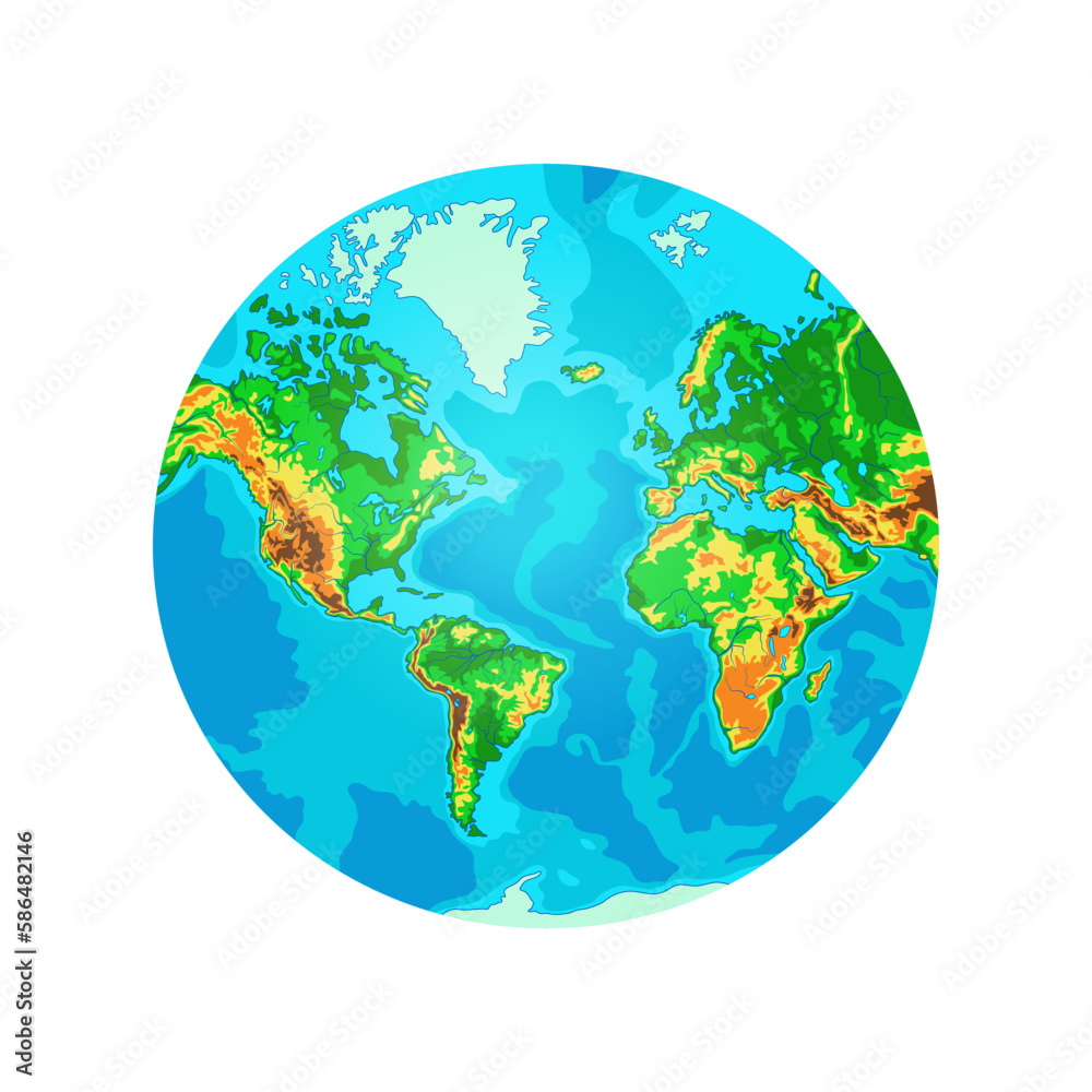 Naklejka premium Physical World map in globe shape Atlantic centered. Vector illustration isolated on white background