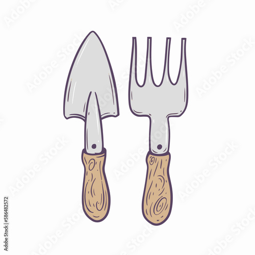 Shovel and fork for the garden hand drawn colorful outline style.