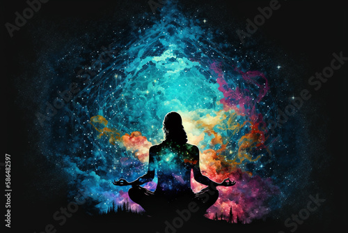 Woman practicing yoga in lotus position with cosmic universe background