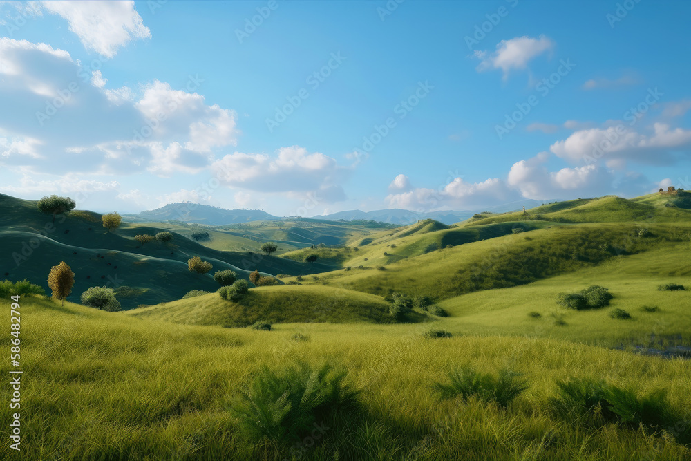 Fototapeta premium Italian toscana countryside, green hills, peaceful landscape. Ai generative