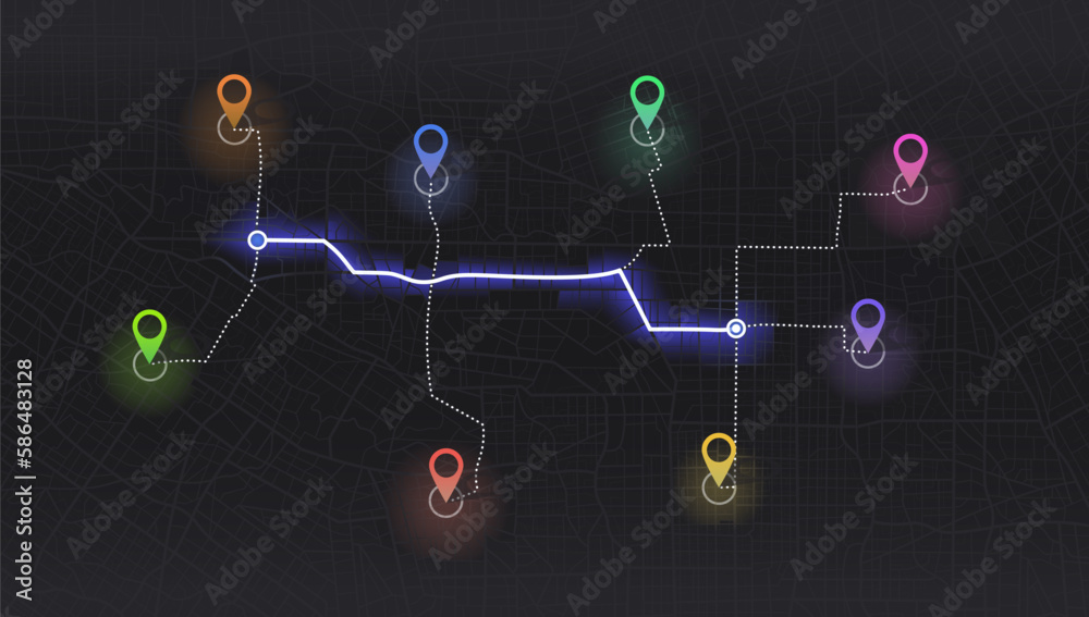 GPS map. City street road. Abstract transportation. City top view. Hi-tech vector background. route distance data, path turns and destination tag or mark