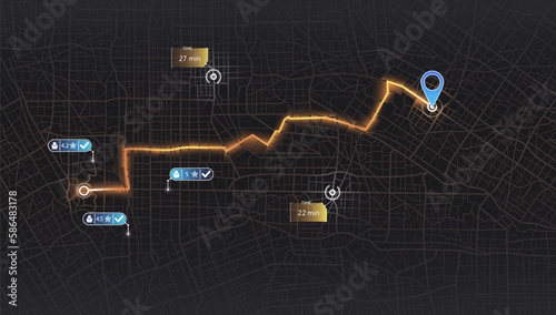 Pick up taxi. Gps map navigation to own house. Detailed view of city. Passenger location sharing for driver. City top view. Online navigation. Flat style, Vector, illustration isolated.