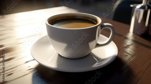 A white cup of black coffee on the wooden table. Selective focus, small depth of fieild. Generative ai