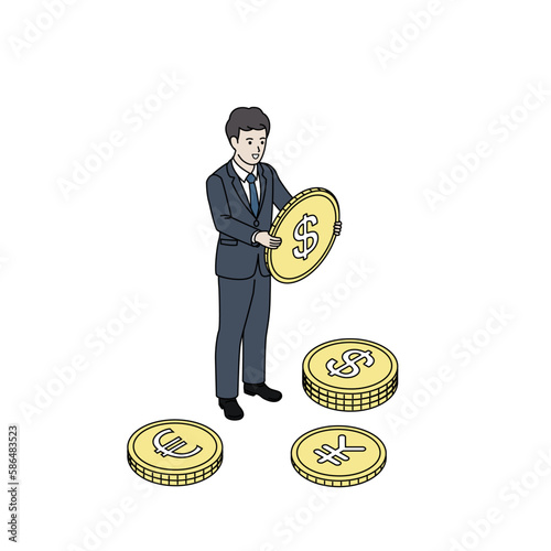 通貨、お金を持つスーツ姿の男性　アイソメトリック