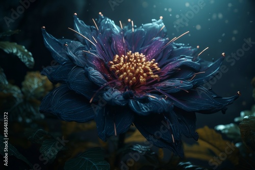 Otherworldly beautiful blooming flower with magical glow and impossibly vibrant color hues  alien planet exotic and imaginative flora - generative AI illustration