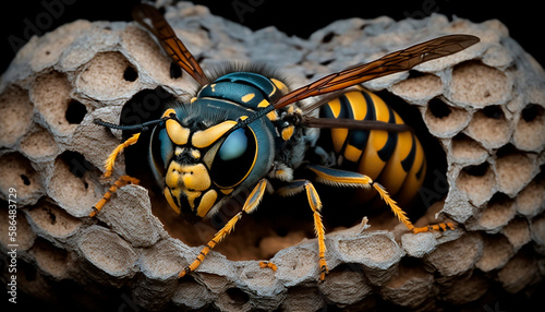 Close-up of a hornet around their nest, generative ai